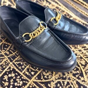 Burberry Black and Gold Slip-On Loafers with Chain Detail